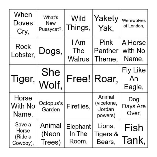 Inner Animal Bingo Card