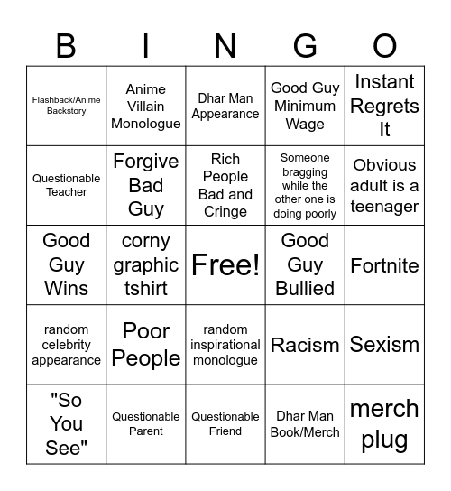 Dahr r MAnn Bingo Card