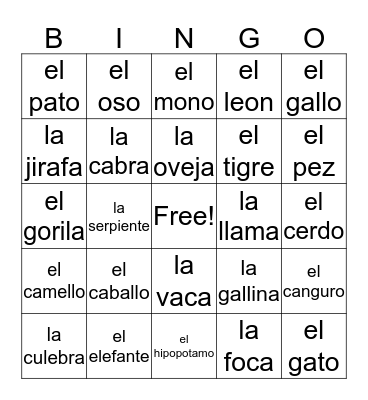 LOS ANIMALS Bingo Card