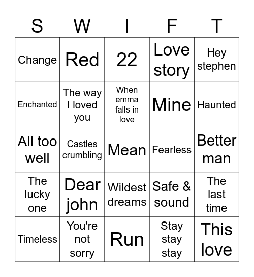 Bingo Swiftie (TV) Bingo Card