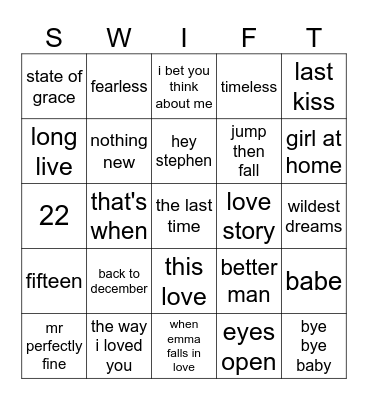Bingo Swiftie Bingo Card