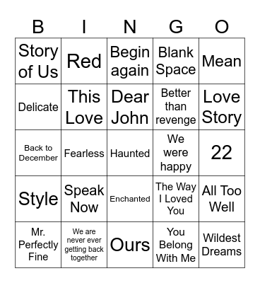 Taylor Swift Bingo Card