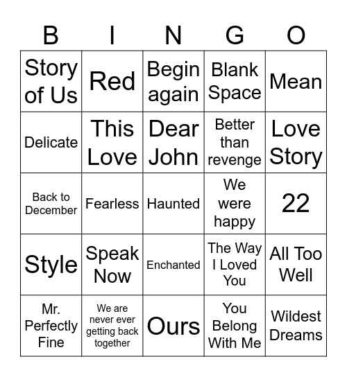 Taylor Swift Bingo Card