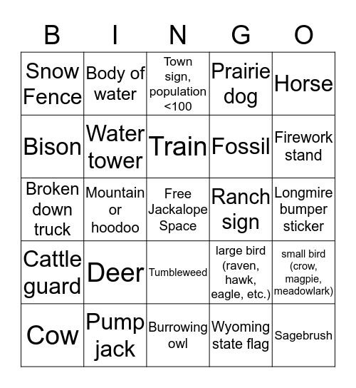 Becky and JP's Wyoming Bingo Card