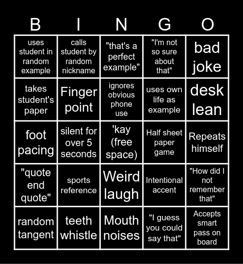 Coach Mann Bingo Card