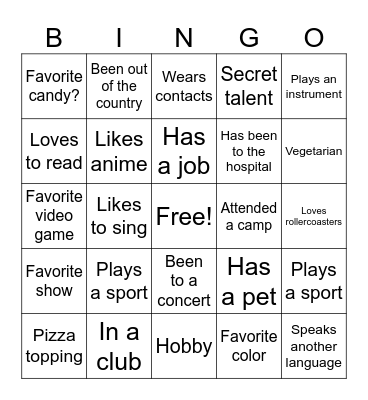 Get to know you Bingo Card