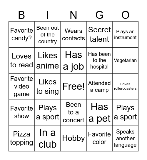 Get to know you Bingo Card