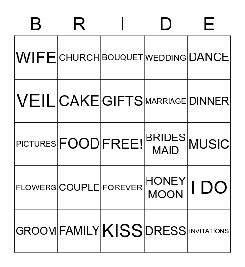 BRIDE Bingo Card