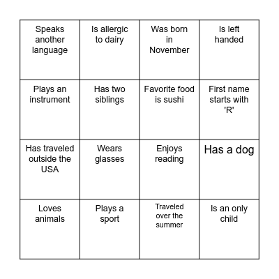Find A Friend Bingo Card