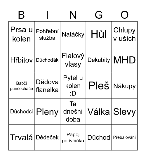Důchodcovské Bingo Card