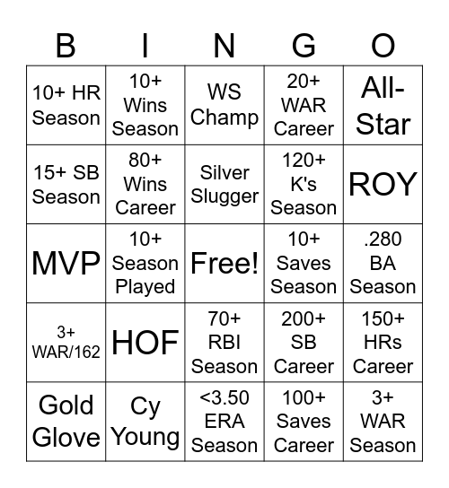 Baseball Card Bingo Card