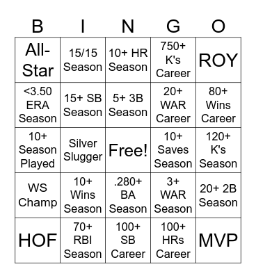 Baseball Card Bingo Card