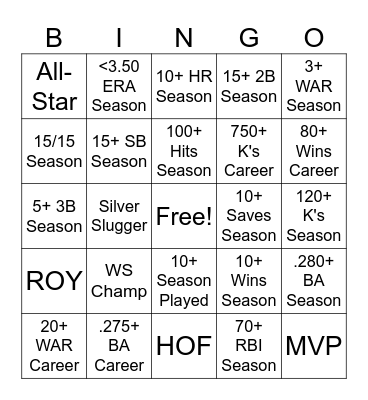 Baseball Card Bingo Card