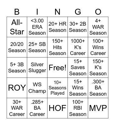 Baseball Card Bingo Card