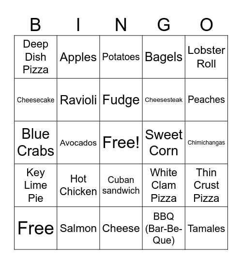 Food Bingo Card