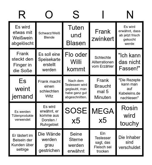 Rosins Restaurant Bingo Card