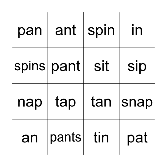 Phonics Bingo Card