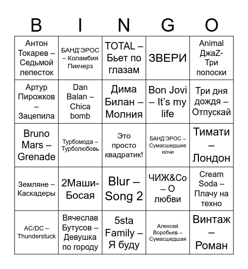 Музыкальное бингоуууу! Bingo Card