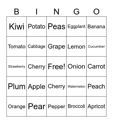 Fruits and vegetables Bingo Card