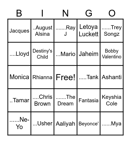 2000's R&B Bingo Card