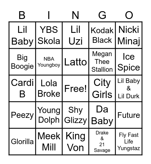 Rap Music Bingo Card