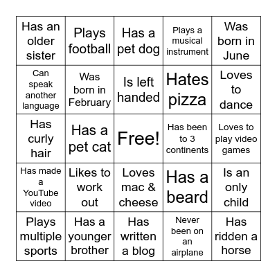 1st Day Bingo Card