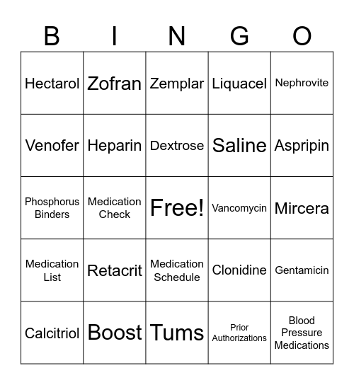 Dialysis Medication Bingo Card