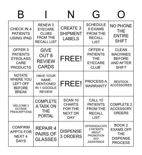 RECEPTIONISTS Bingo Card