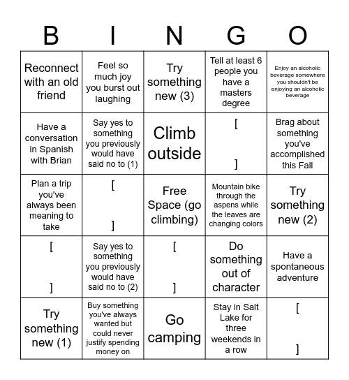 Josh's Hot Girl Fall Bingo Card