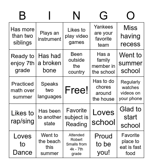 First Day of School Bingo Card