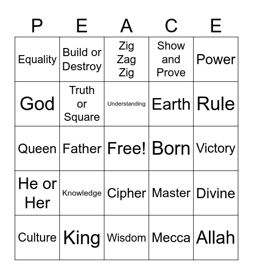 PEACE Bingo Card