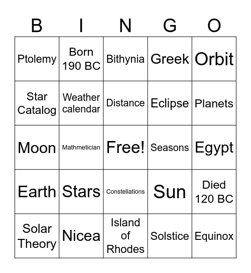 HIPPARCHUS LISTENING Bingo Card