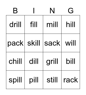 -ill word family Bingo Card