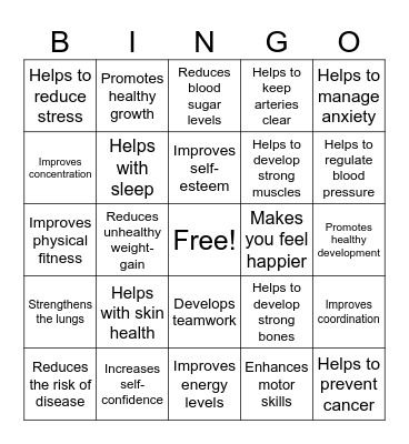 Benefits of Physical Activity Bingo Card