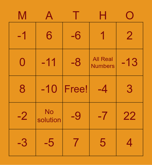 Algebra 1 Multi-Step Equations Bingo Card