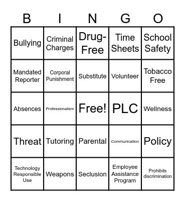 WCPSS Employee Handbook Bingo Card