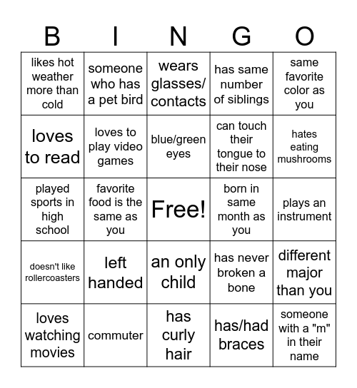 Get to Know Each Other Bingo Card