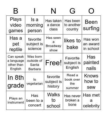 Musical theater Bingo Card