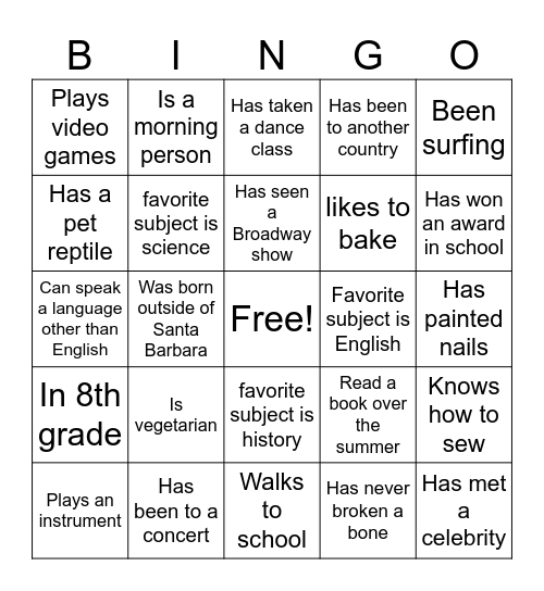 Musical theater Bingo Card