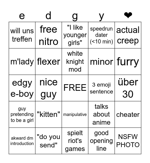 pedo bingo Card