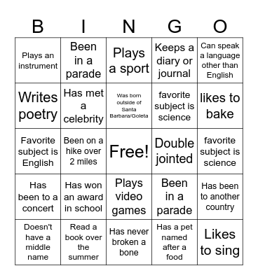 English Bingo Card