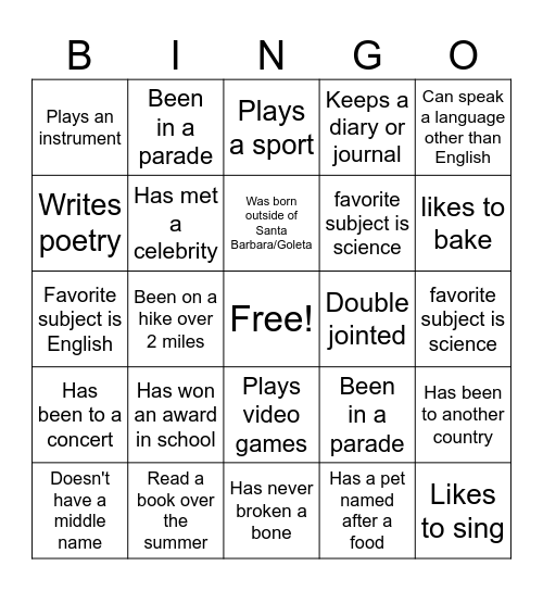 English Bingo Card