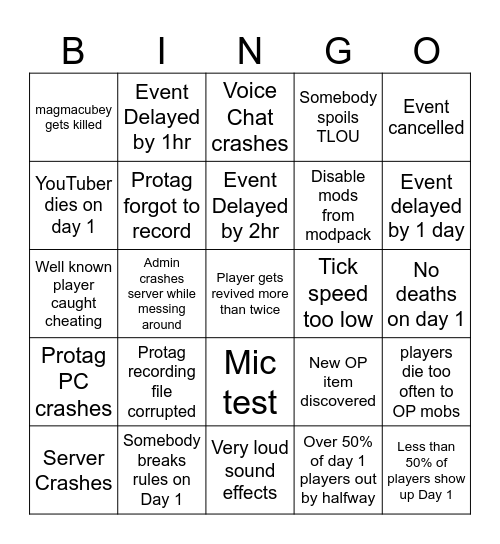 Protag Event Bingo Card