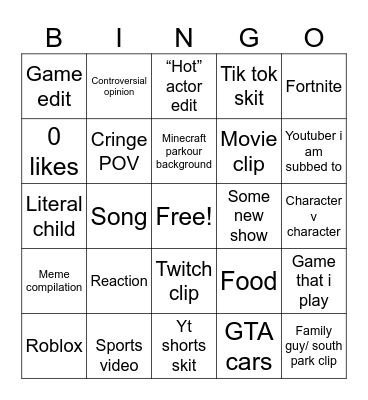 youtube shorts Bingo Card