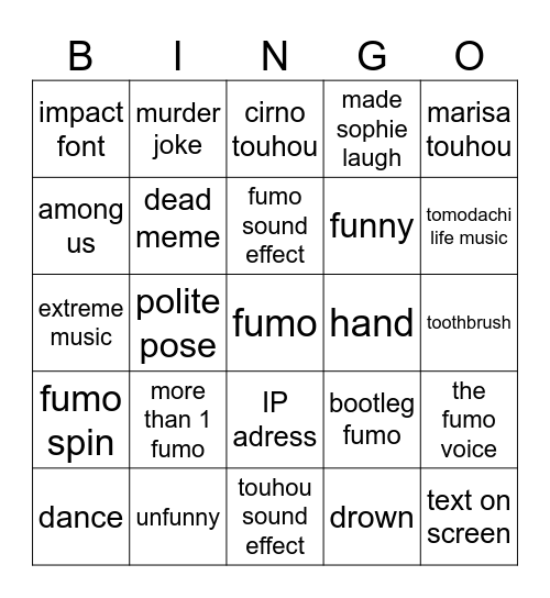 fumo video bingoc Bingo Card