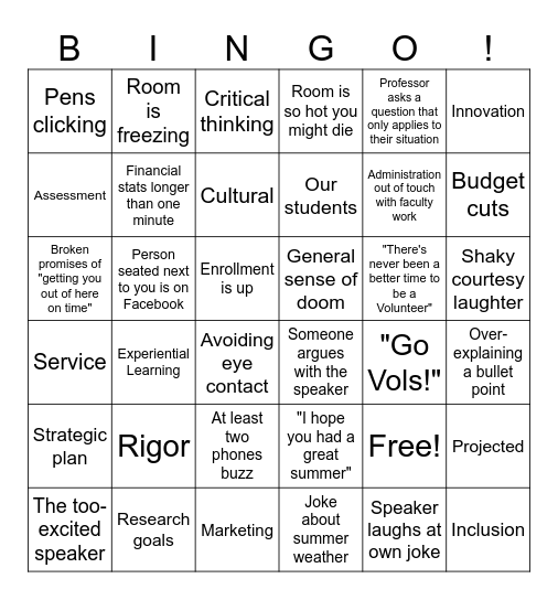 Faculty meeting bingo Card