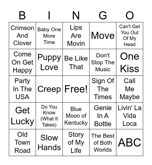TEEN SINGERS MUSIC Bingo Card