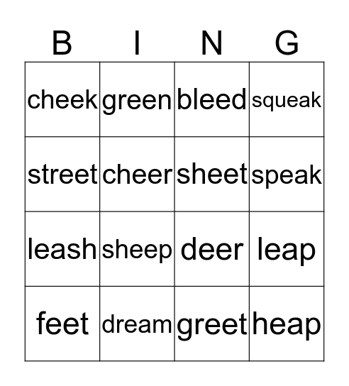 ea and ee Words Bingo Card