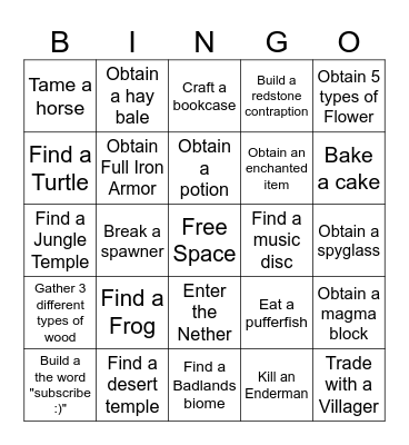 Minecraft Hardcore Bingo Card