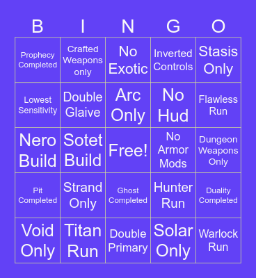 Destint 2 Dungeon Bingo Card
